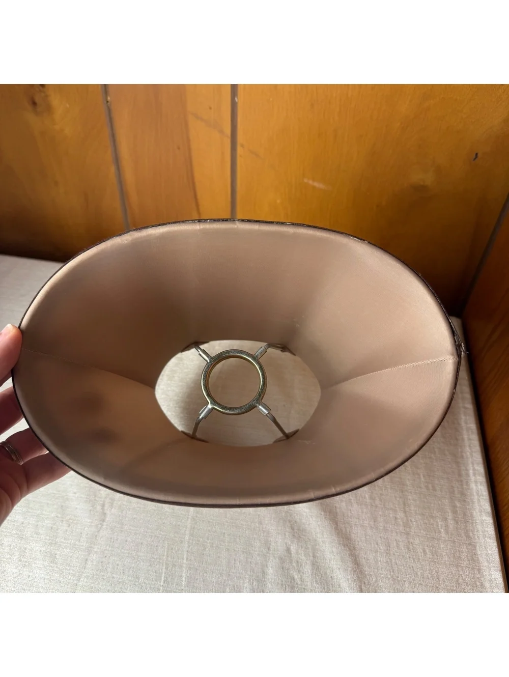 Vintage Bell Shaped Beige Fabric Lampshade Brown Trim 7 Inch Tall